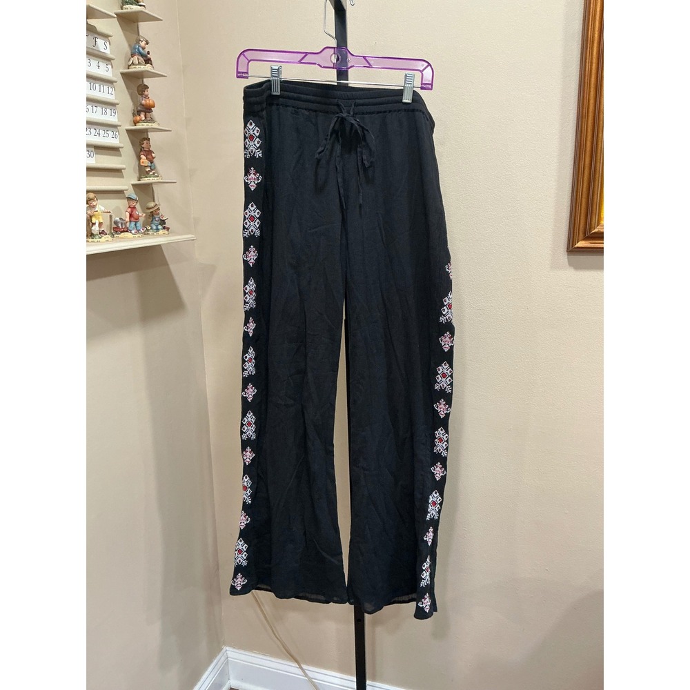 Soft Surroundings Pants XL Black Cotton Gauze Embroidered Side Wide Leg 28251
